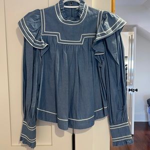 Ulla Johnson Ester Ruffled Cotton Chambray Top - size 4